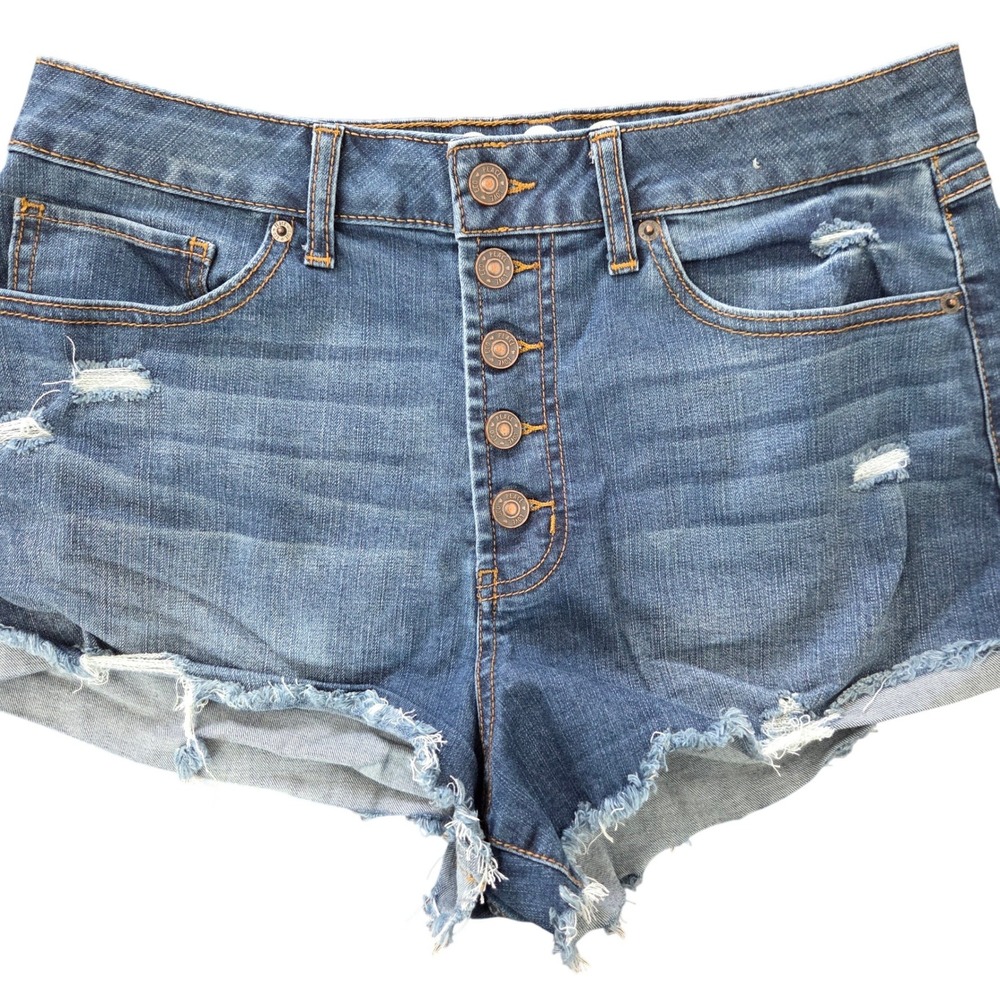 Rewash High Rise Distressed Denim Shorts Womens 13 Button Fly Frayed Hem